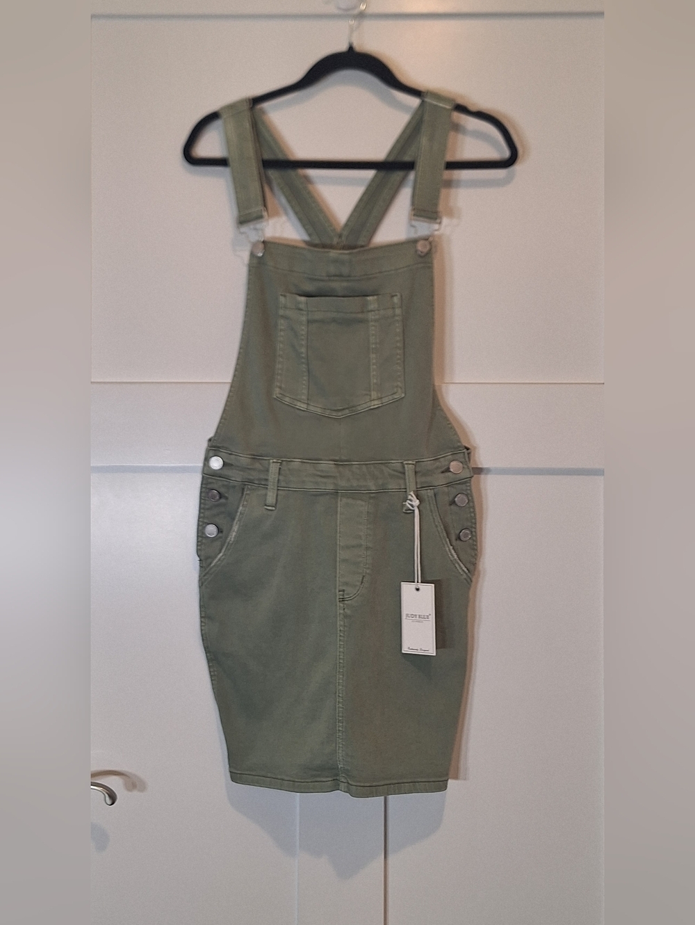 Judy Blue Overall Jumper Mini Dress Sage Green Denim Pockets Stretch Medium